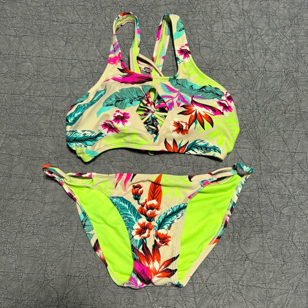 Xhilaration Neon Palm Leaf Floral Bikini Top and Bottom Set M/S
